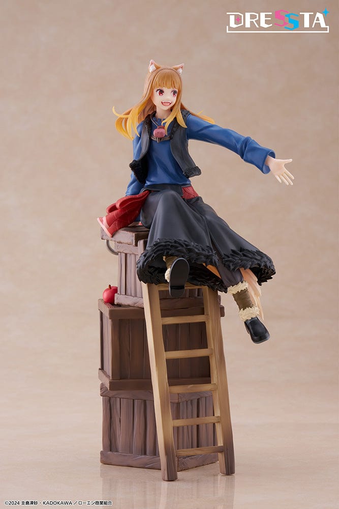 Spice and Wolf: Merchant Meets the Wise Wolf Dressta Holo Figure, featuring Holo sitting on barrels with a joyful expression, detailed outfit, and wolf ears and tail.