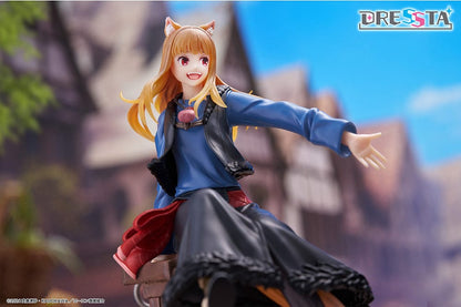 Spice and Wolf: Merchant Meets the Wise Wolf Dressta Holo Figure, featuring Holo sitting on barrels with a joyful expression, detailed outfit, and wolf ears and tail.