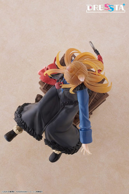 Spice and Wolf: Merchant Meets the Wise Wolf Dressta Holo Figure, featuring Holo sitting on barrels with a joyful expression, detailed outfit, and wolf ears and tail.