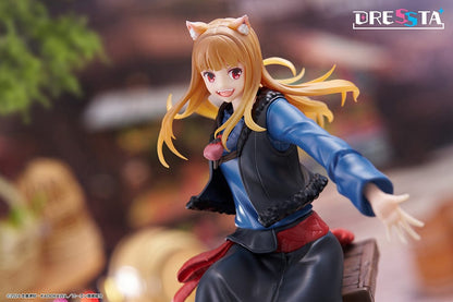 Spice and Wolf: Merchant Meets the Wise Wolf Dressta Holo Figure, featuring Holo sitting on barrels with a joyful expression, detailed outfit, and wolf ears and tail.