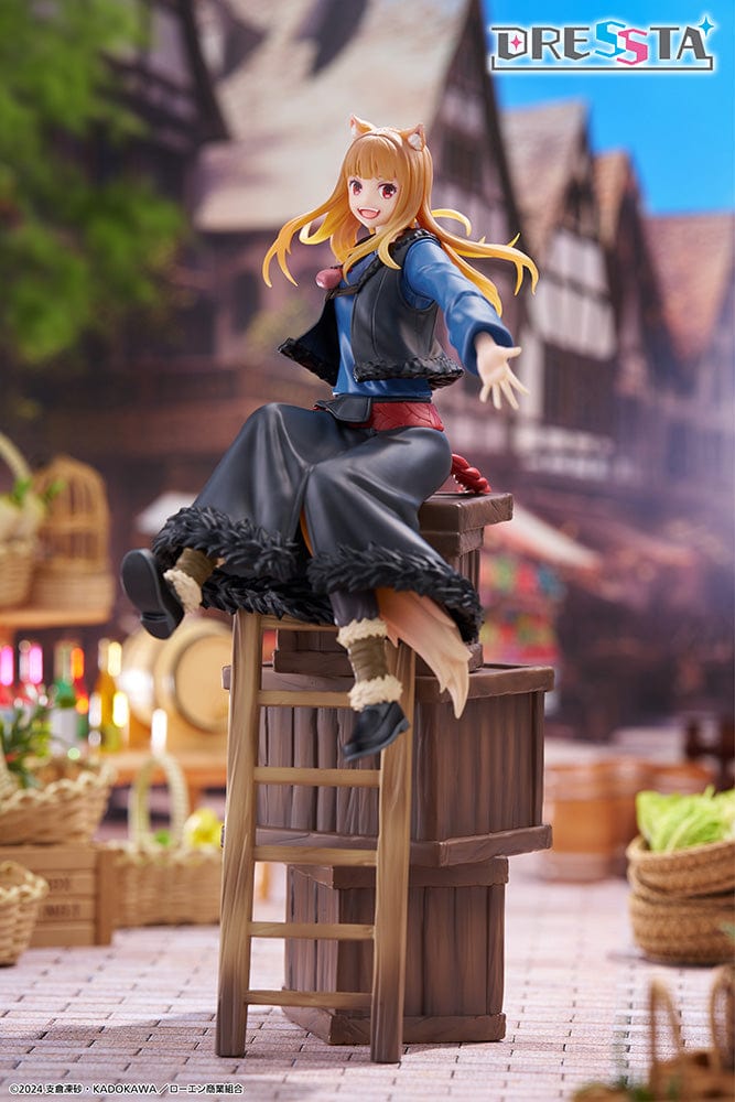 Spice and Wolf: Merchant Meets the Wise Wolf Dressta Holo Figure, featuring Holo sitting on barrels with a joyful expression, detailed outfit, and wolf ears and tail.