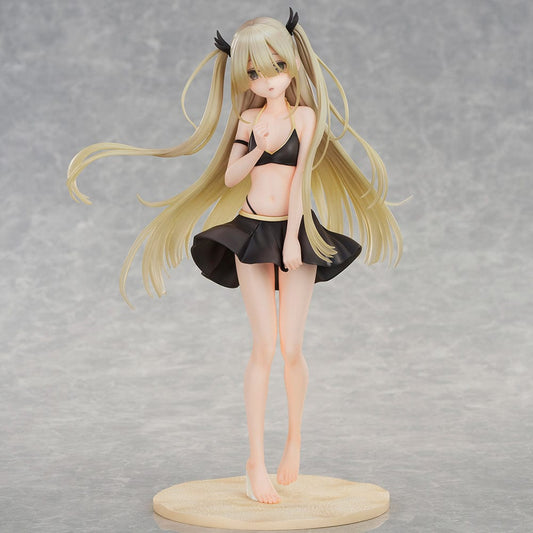 Spy Classroom Erna 'Fool' (Swimsuit Ver.) Figure - Delicate and playful figure of Erna in a black swimsuit with a flowing skirt, her long hair styled in twin tails with black ribbons, standing on a sandy beach-like base, capturing a rare relaxed moment of the character.