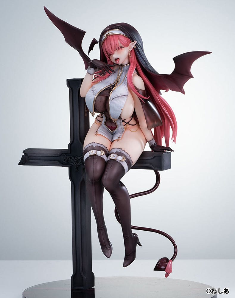 Neshia Illustration Succuba Sister no Onee-san 1/6 Scale Figure with pink hair, demon wings, gothic cross base, and intricate outfit design