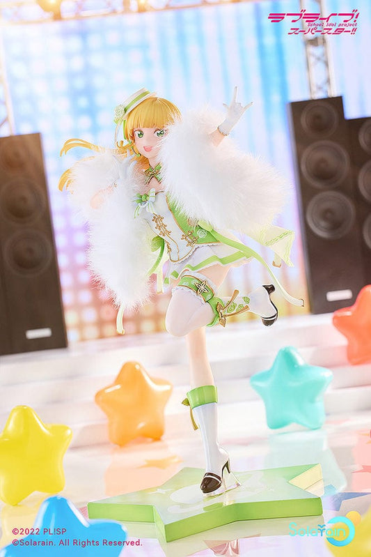 1/7 scale figure of Sumire Heanna from Love Live! Superstar!! in the Dream of Roses version, with a jubilant expression and dance pose, adorned in a green and white performance costume with gold details and a white feather boa, standing on a star-shaped base.