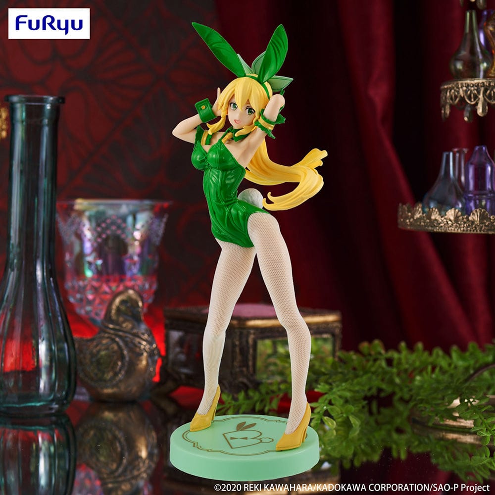 Sword Art Online BiCute Bunnies Leafa (Sylph Color Ver.) Figure, featuring Leafa in a green bunny outfit with matching ears, white fishnet stockings, and a playful pose.