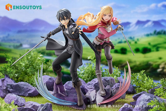 Kirito & Asuna 1/7 Scale Figure Set from Sword Art Online Progressive: Scherzo of Deep Night, in action poses with their weapons and rocky bases with energy effects