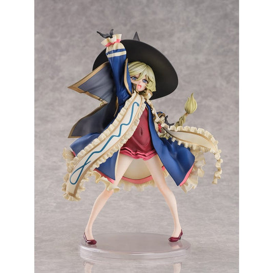 Senki Zesshou Symphogear GX Carol Malus Dienheim 1/7 Scale Figure, capturing Carol in her magical witch attire with a swirling cape and poised fingers, detailed in a blue and cream outfit with a witch's hat, perfectly encapsulating her character from the anime.
