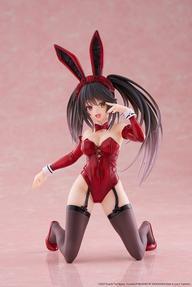 Date A Live V Desktop Cute Kurumi Tokisaki Bunny Ver. Figure, featuring Kurumi in a seductive red bunny outfit with knee-high stockings and bunny ears.