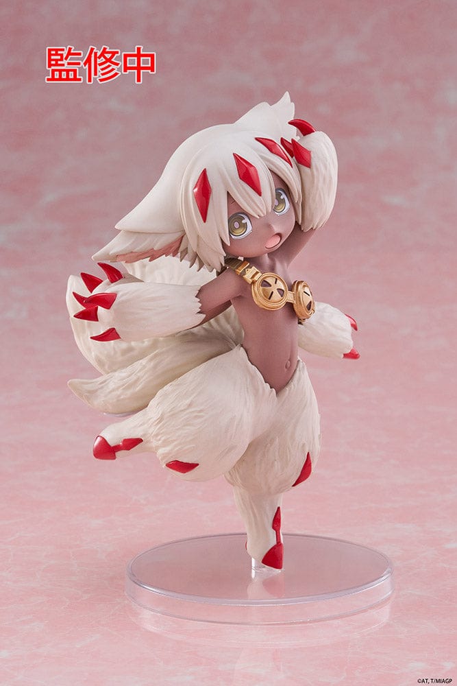 Made in Abyss Faputa Coreful Figure showcasing a dynamic pose with white fur, red markings, golden collar, and playful expression against a pink background.