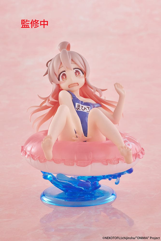 ONIMAI: I'm Now Your Sister! Aqua Float Girls Mahiro Oyama Figure sitting on a pink inflatable ring with water splash effects, featuring a surprised expression and classic swimsuit.