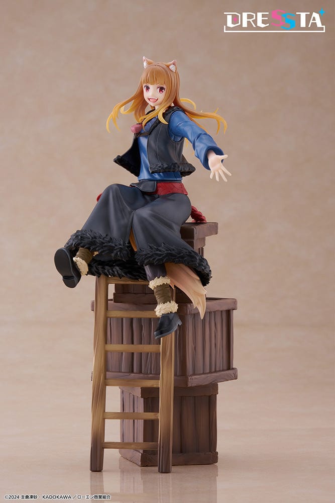 Spice and Wolf: Merchant Meets the Wise Wolf Dressta Holo Figure, featuring Holo sitting on barrels with a joyful expression, detailed outfit, and wolf ears and tail.