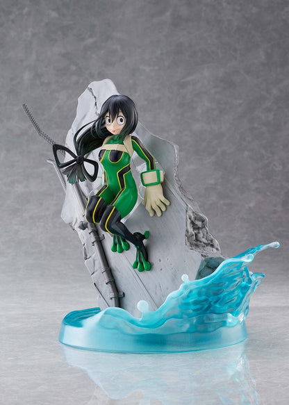 My Hero Academia DRESSTA Statue Figure featuring Tsuyu Asui in a dynamic leaping pose with her green hero costume and water effects.