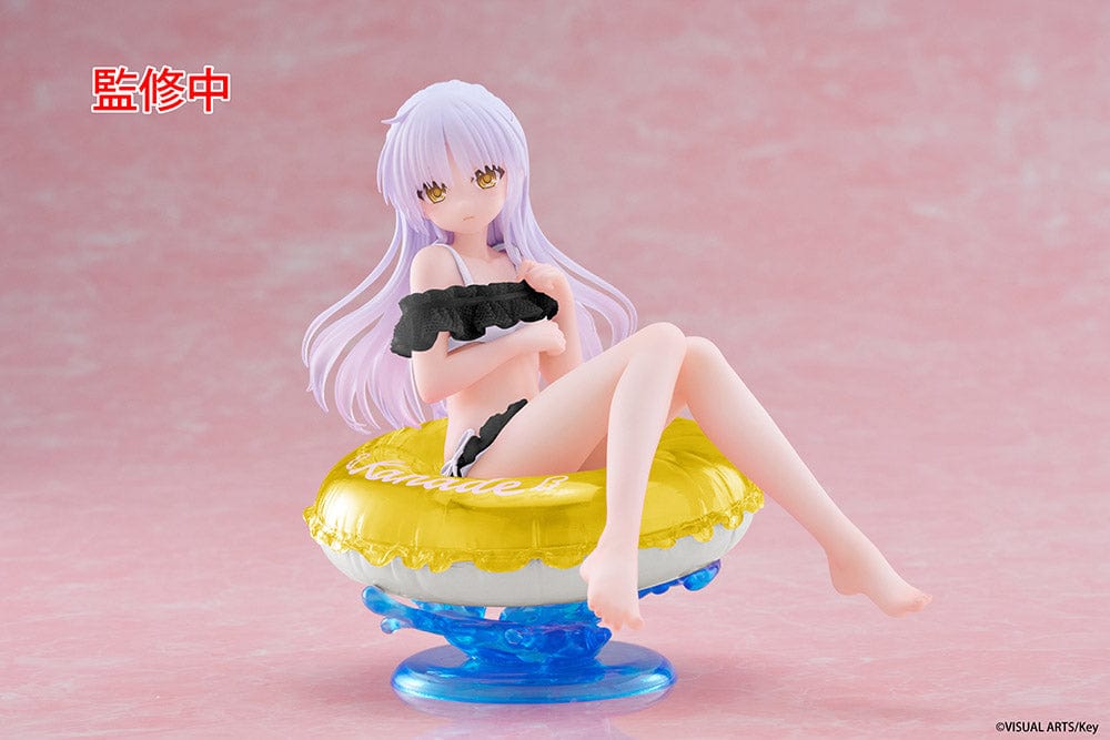 Angel Beats! Aqua Float Girls Kanade Tachibana Renewal Edition Figure seated on a yellow inflatable ring with a water-themed base, wearing a black swimsuit and featuring flowing lavender hair.