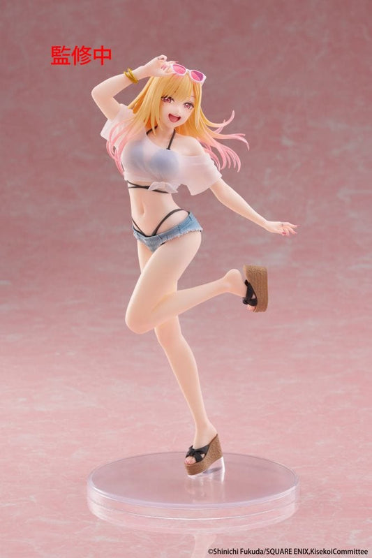 “My Dress-Up Darling Coreful Marin Kitagawa (Swimwear Ver.) figure—sunglasses on head, sheer tied top over black bikini, denim shorts, wedge sandals, clear base.”


