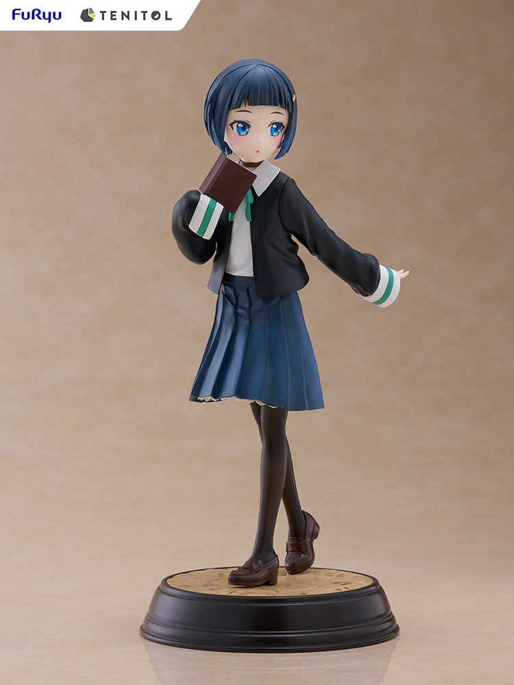 Train to the End of the World Tenitol Akira Shinonome Figure featuring Akira in a classic school uniform, holding a book and posed mid-step, showcasing her serene and studious demeanor, mounted on an elegant base