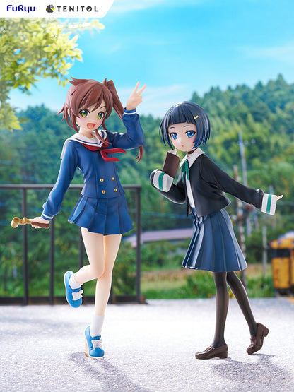 Train to the End of the World Tenitol Akira Shinonome Figure featuring Akira in a classic school uniform, holding a book and posed mid-step, showcasing her serene and studious demeanor, mounted on an elegant base