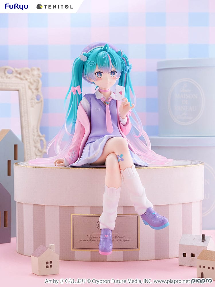 Vocaloid Tenitol Hatsune Miku (Love Blazer) Big Noodle Stopper Figure in pastel-themed blazer outfit, seated with lavender and pink accents, holding a love letter.