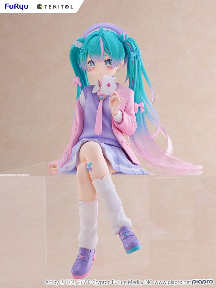 Vocaloid Tenitol Hatsune Miku (Love Blazer) Big Noodle Stopper Figure in pastel-themed blazer outfit, seated with lavender and pink accents, holding a love letter.