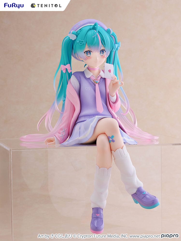 Vocaloid Tenitol Hatsune Miku (Love Blazer) Big Noodle Stopper Figure in pastel-themed blazer outfit, seated with lavender and pink accents, holding a love letter.