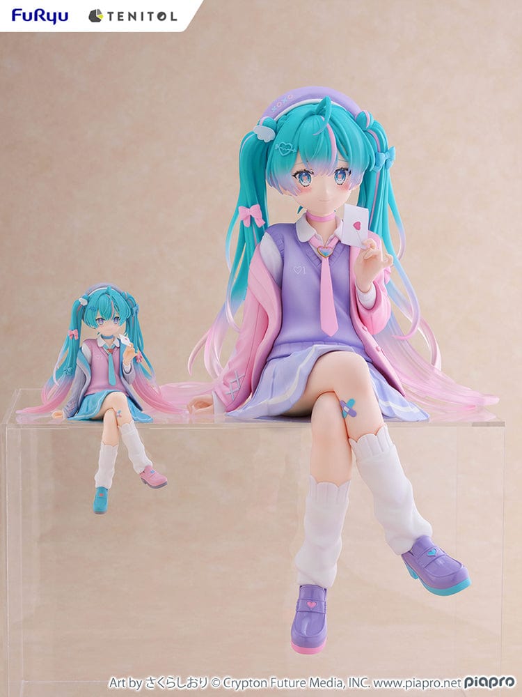 Vocaloid Tenitol Hatsune Miku (Love Blazer) Big Noodle Stopper Figure in pastel-themed blazer outfit, seated with lavender and pink accents, holding a love letter.