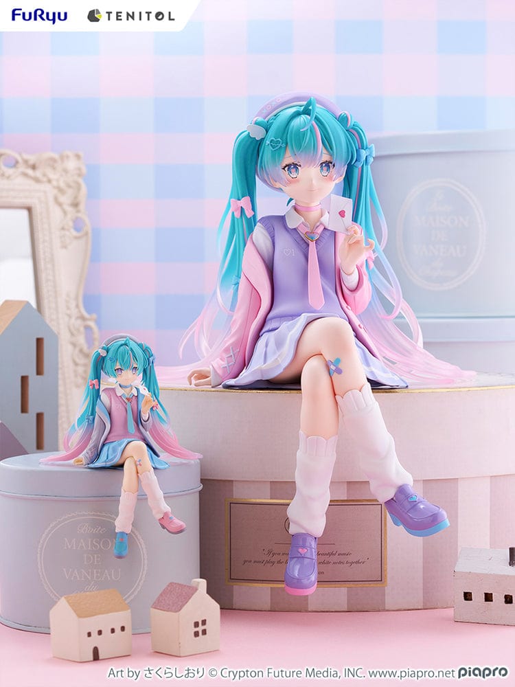 Vocaloid Tenitol Hatsune Miku (Love Blazer) Big Noodle Stopper Figure in pastel-themed blazer outfit, seated with lavender and pink accents, holding a love letter.