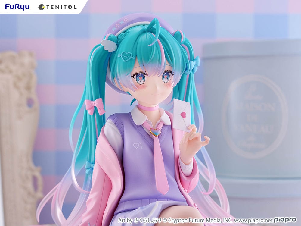 Vocaloid Tenitol Hatsune Miku (Love Blazer) Big Noodle Stopper Figure in pastel-themed blazer outfit, seated with lavender and pink accents, holding a love letter.