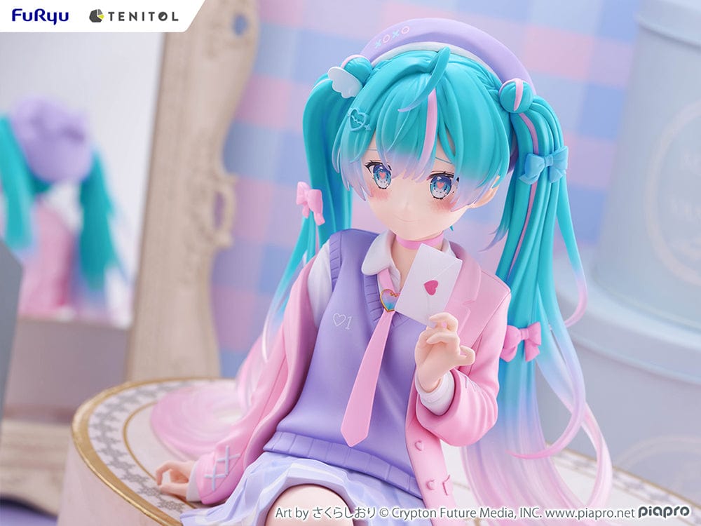 Vocaloid Tenitol Hatsune Miku (Love Blazer) Big Noodle Stopper Figure in pastel-themed blazer outfit, seated with lavender and pink accents, holding a love letter.