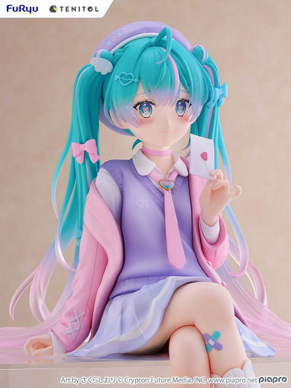 Vocaloid Tenitol Hatsune Miku (Love Blazer) Big Noodle Stopper Figure in pastel-themed blazer outfit, seated with lavender and pink accents, holding a love letter.