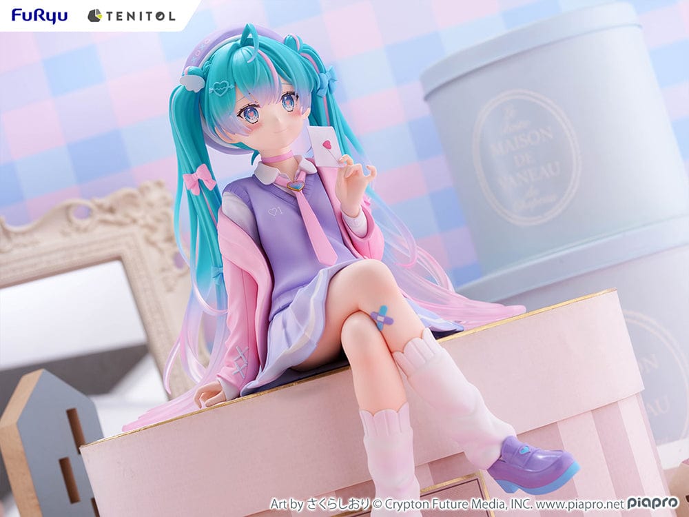 Vocaloid Tenitol Hatsune Miku (Love Blazer) Big Noodle Stopper Figure in pastel-themed blazer outfit, seated with lavender and pink accents, holding a love letter.