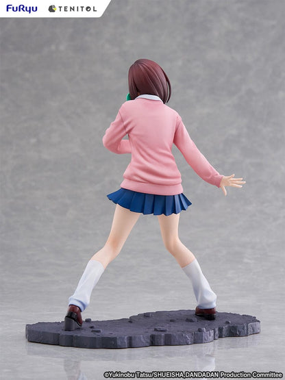 Dandadan Tenitol Momo Ayase Figure in school uniform with pink sweater and red ribbon, standing in action pose on rugged base.