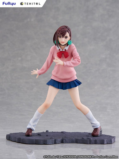 Dandadan Tenitol Momo Ayase Figure in school uniform with pink sweater and red ribbon, standing in action pose on rugged base.