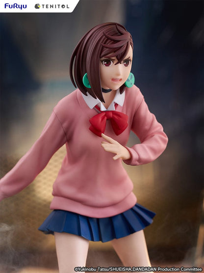 Dandadan Tenitol Momo Ayase Figure in school uniform with pink sweater and red ribbon, standing in action pose on rugged base.