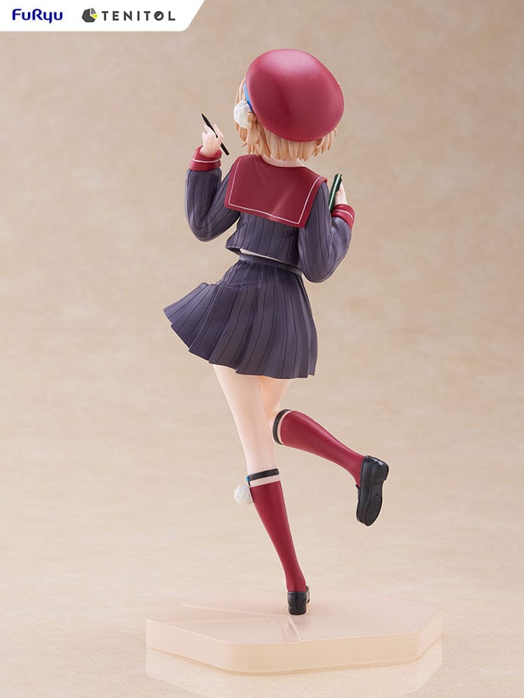 Shigure Ui Channel Tenitol Shigure Ui Figure, featuring Shigure Ui in a dynamic and cheerful pose, holding a pen and notebook, dressed in her signature pinstriped school uniform.