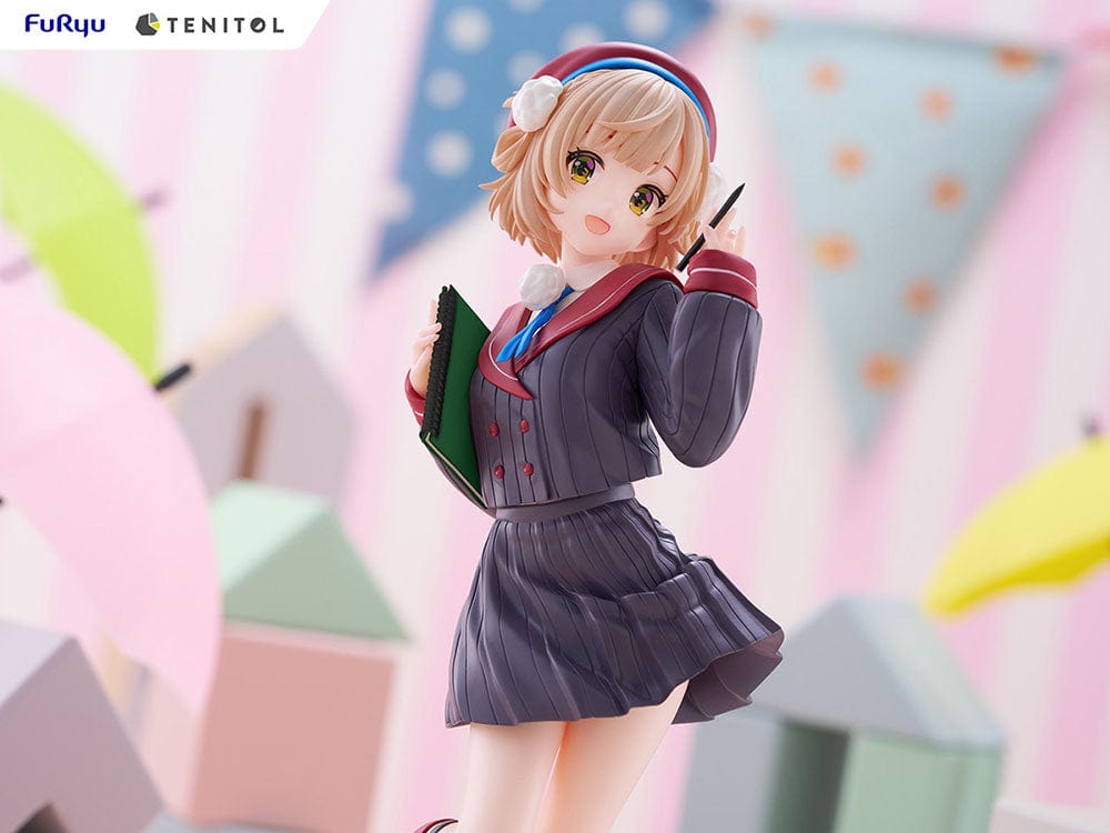 Shigure Ui Channel Tenitol Shigure Ui Figure, featuring Shigure Ui in a dynamic and cheerful pose, holding a pen and notebook, dressed in her signature pinstriped school uniform.