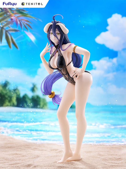 Overlord Tenitol Tall Albedo Figure featuring Albedo in a black swimsuit with dark purple hair, horns, and gold accessories.