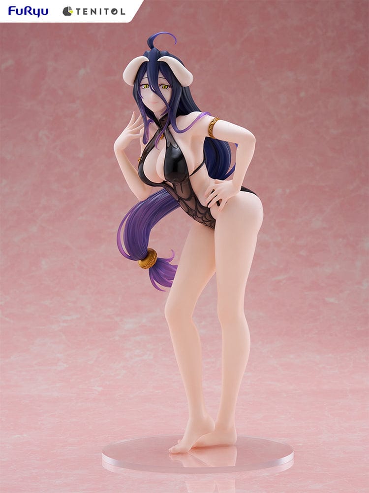 Overlord Tenitol Tall Albedo Figure featuring Albedo in a black swimsuit with dark purple hair, horns, and gold accessories.