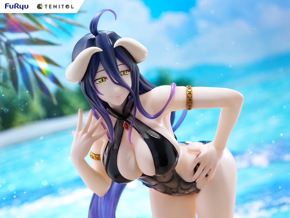 Overlord Tenitol Tall Albedo Figure featuring Albedo in a black swimsuit with dark purple hair, horns, and gold accessories.