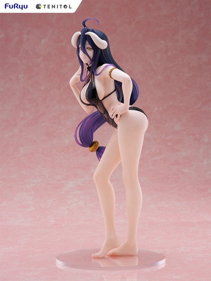 Overlord Tenitol Tall Albedo Figure featuring Albedo in a black swimsuit with dark purple hair, horns, and gold accessories.