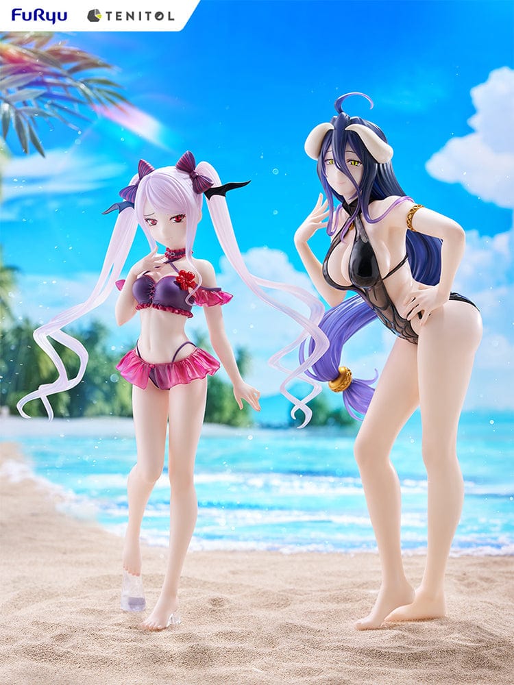 Overlord Tenitol Tall Albedo Figure featuring Albedo in a black swimsuit with dark purple hair, horns, and gold accessories.