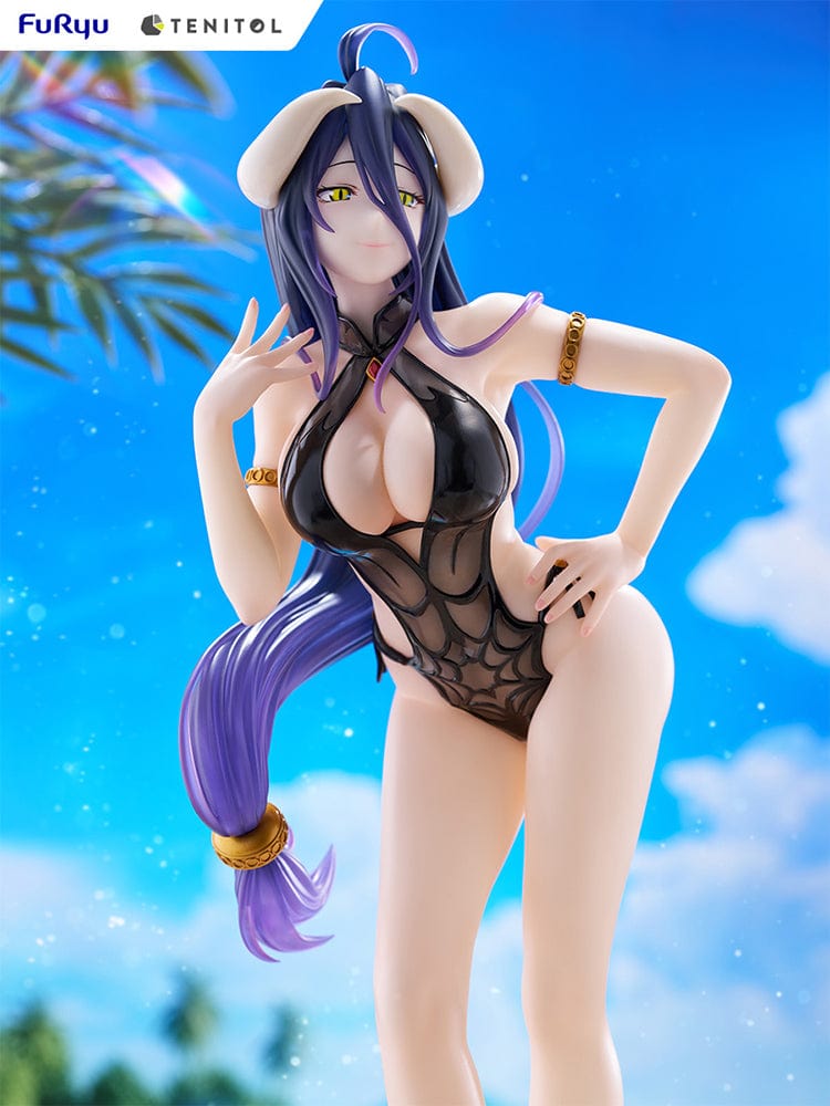 Overlord Tenitol Tall Albedo Figure featuring Albedo in a black swimsuit with dark purple hair, horns, and gold accessories.