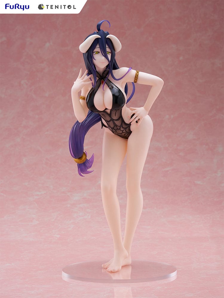 Overlord Tenitol Tall Albedo Figure featuring Albedo in a black swimsuit with dark purple hair, horns, and gold accessories.