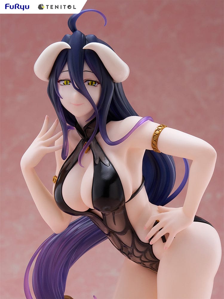 Overlord Tenitol Tall Albedo Figure featuring Albedo in a black swimsuit with dark purple hair, horns, and gold accessories.