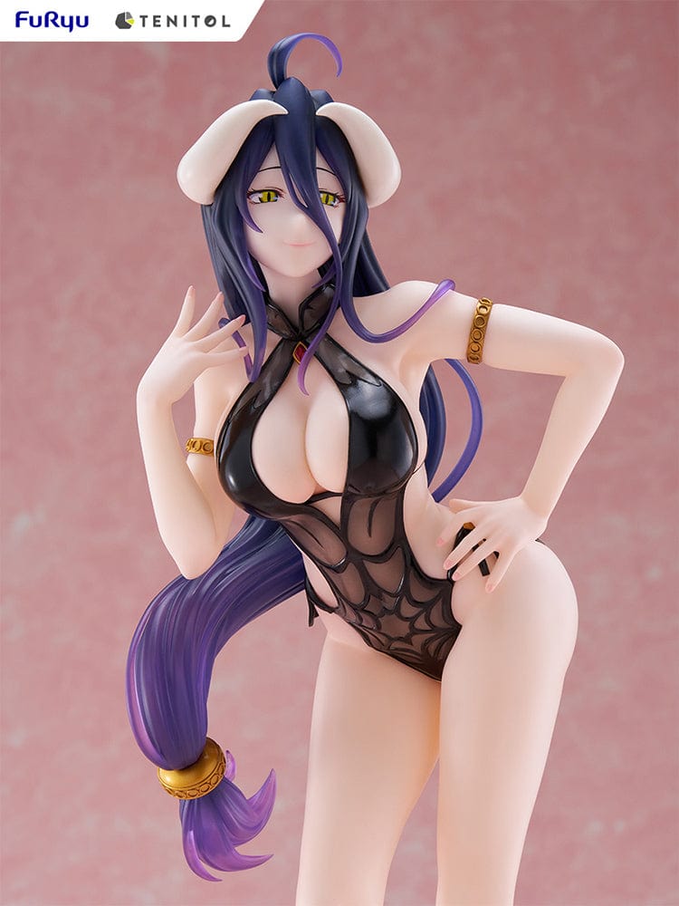 Overlord Tenitol Tall Albedo Figure featuring Albedo in a black swimsuit with dark purple hair, horns, and gold accessories.