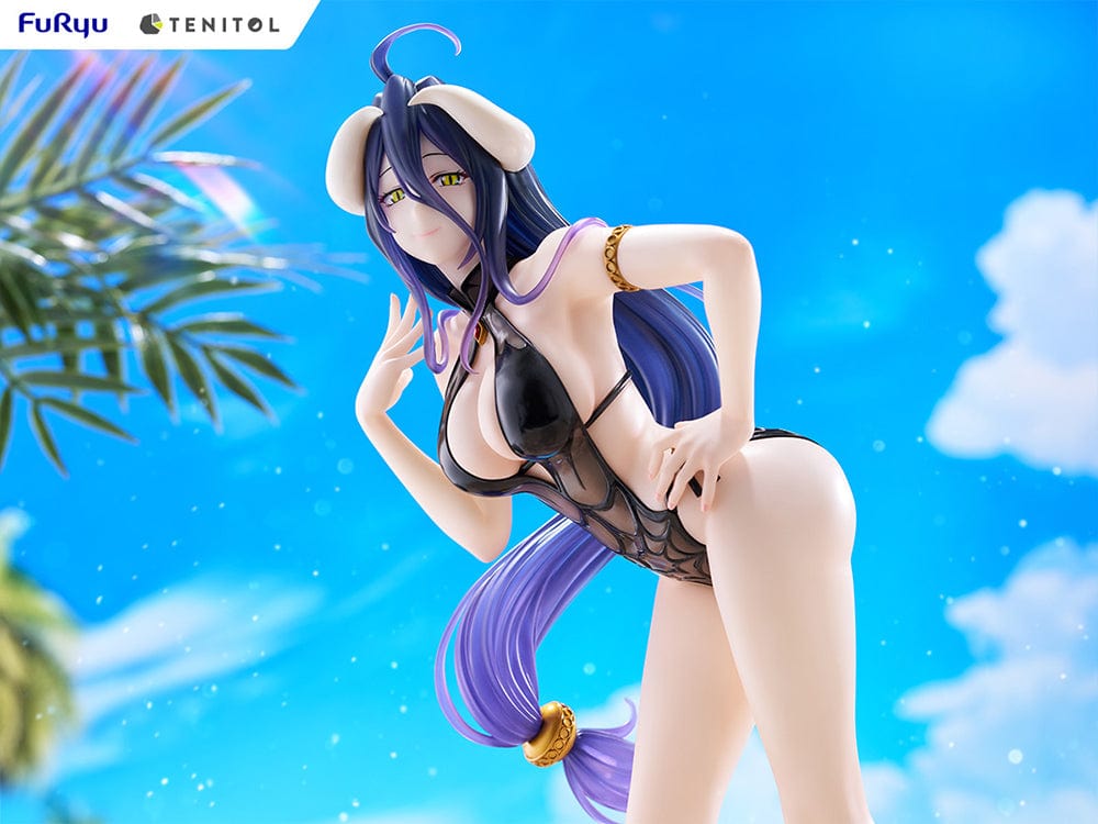 Overlord Tenitol Tall Albedo Figure featuring Albedo in a black swimsuit with dark purple hair, horns, and gold accessories.