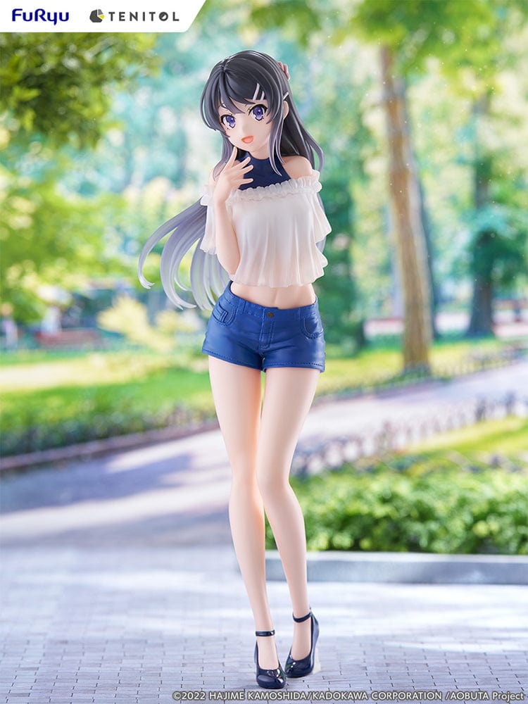  Rascal Does Not Dream of Bunny Girl Senpai Tenitol Tall Mai Sakurajima Figure in white off-shoulder top and blue shorts with long flowing hair.