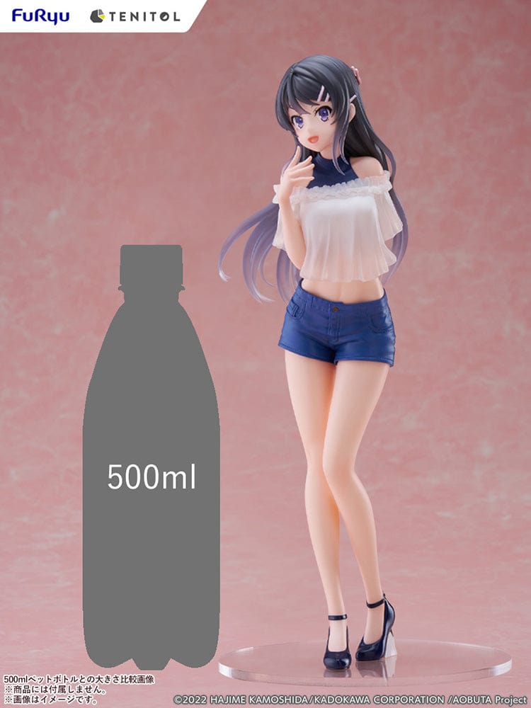  Rascal Does Not Dream of Bunny Girl Senpai Tenitol Tall Mai Sakurajima Figure in white off-shoulder top and blue shorts with long flowing hair.