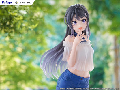  Rascal Does Not Dream of Bunny Girl Senpai Tenitol Tall Mai Sakurajima Figure in white off-shoulder top and blue shorts with long flowing hair.