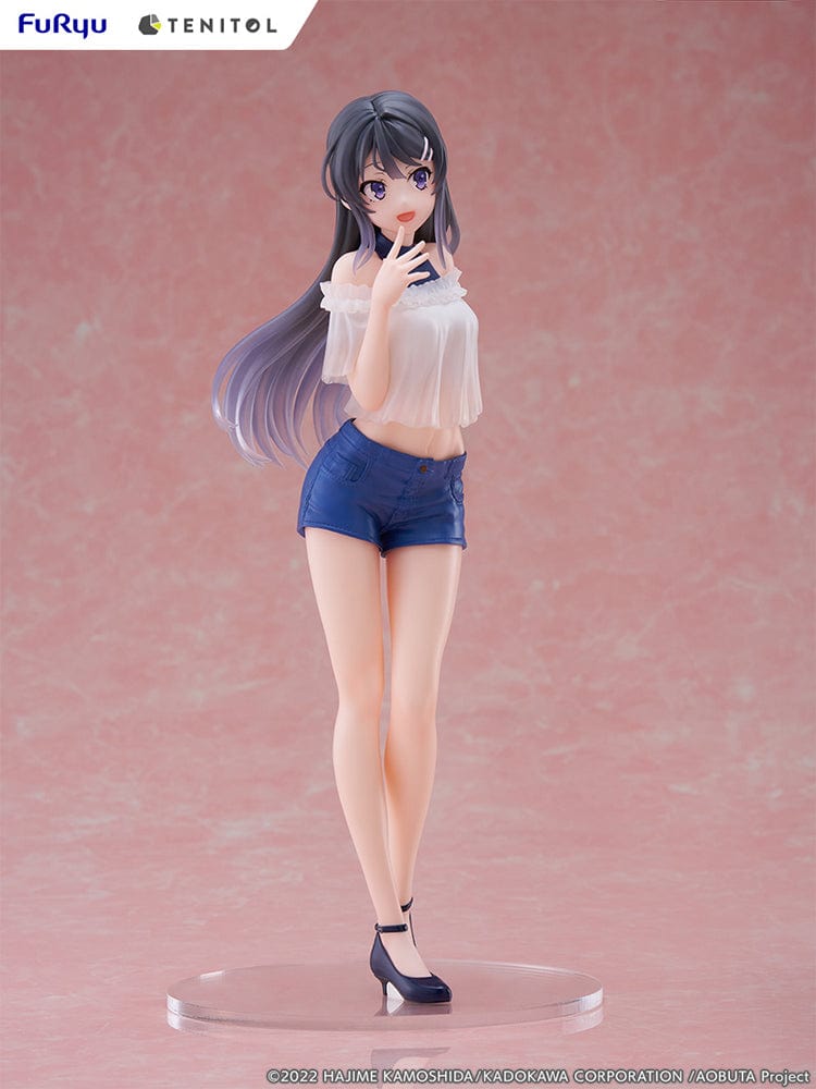  Rascal Does Not Dream of Bunny Girl Senpai Tenitol Tall Mai Sakurajima Figure in white off-shoulder top and blue shorts with long flowing hair.