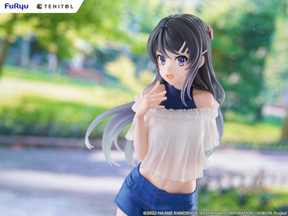  Rascal Does Not Dream of Bunny Girl Senpai Tenitol Tall Mai Sakurajima Figure in white off-shoulder top and blue shorts with long flowing hair.