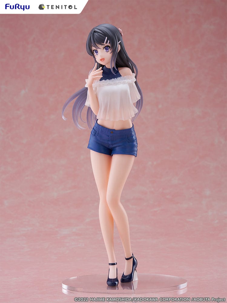  Rascal Does Not Dream of Bunny Girl Senpai Tenitol Tall Mai Sakurajima Figure in white off-shoulder top and blue shorts with long flowing hair.